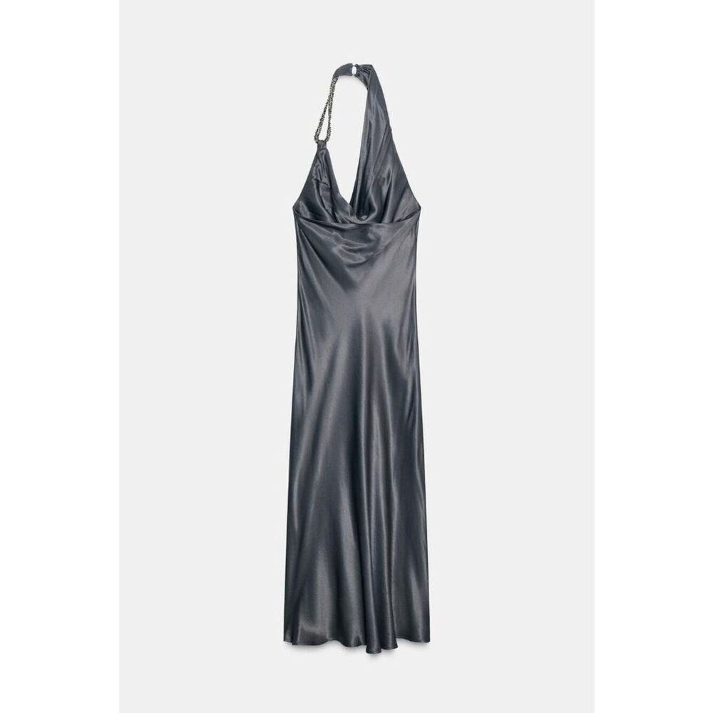 Zara Womens Asymmetrical Satin Midi Dress Medium Anthracite Gray 5029/208 NWT - Picture 4 of 16